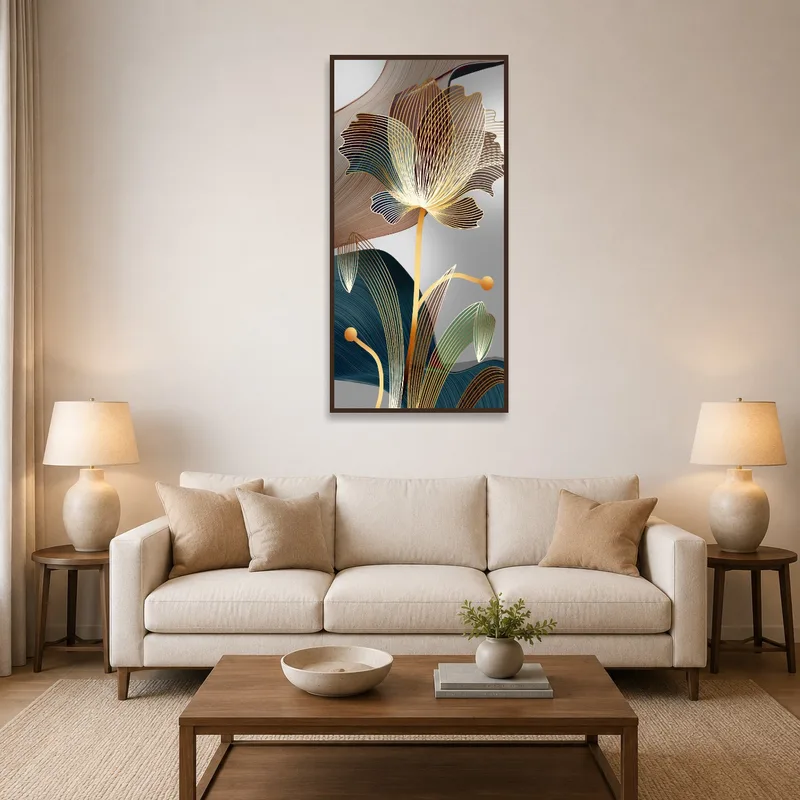 Elegant abstract floral composition in a cozy living-room setting with a sofa.