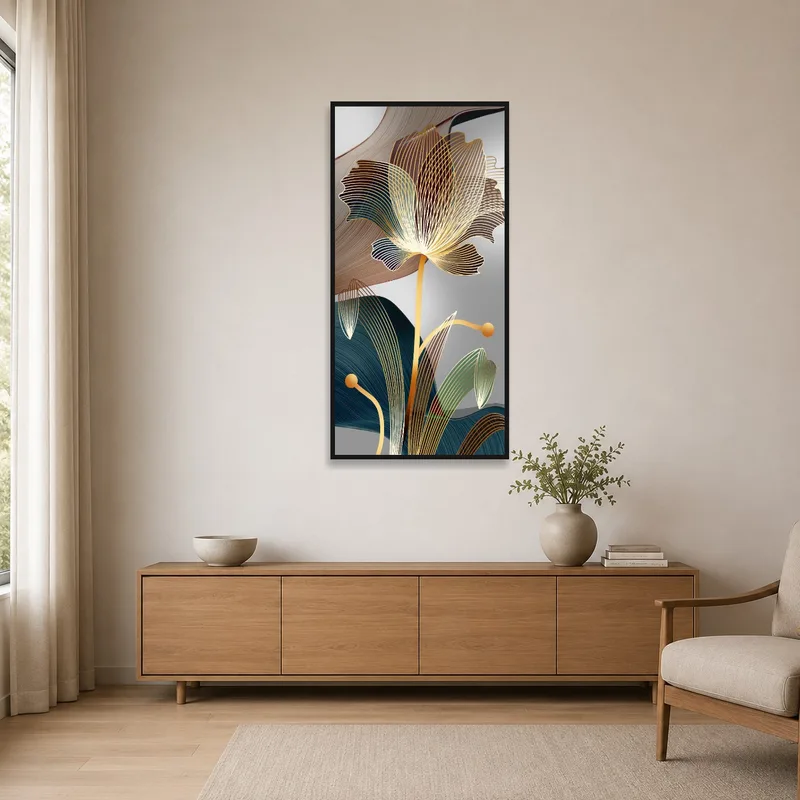 Elegant abstract floral composition on a clean wall of a minimalist space.