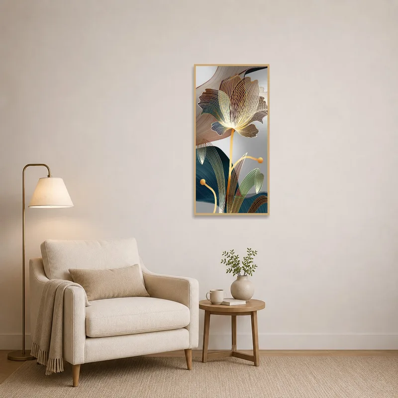 Elegant abstract floral composition displayed in a quiet reading corner with a chair.