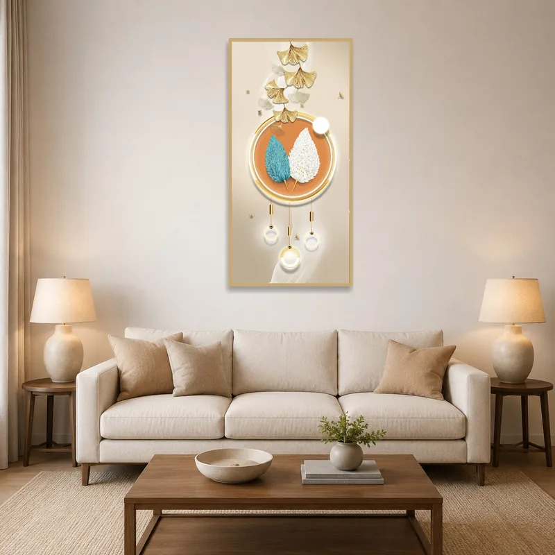 Elegant abstract floral art print on the wall of a stylish living room.