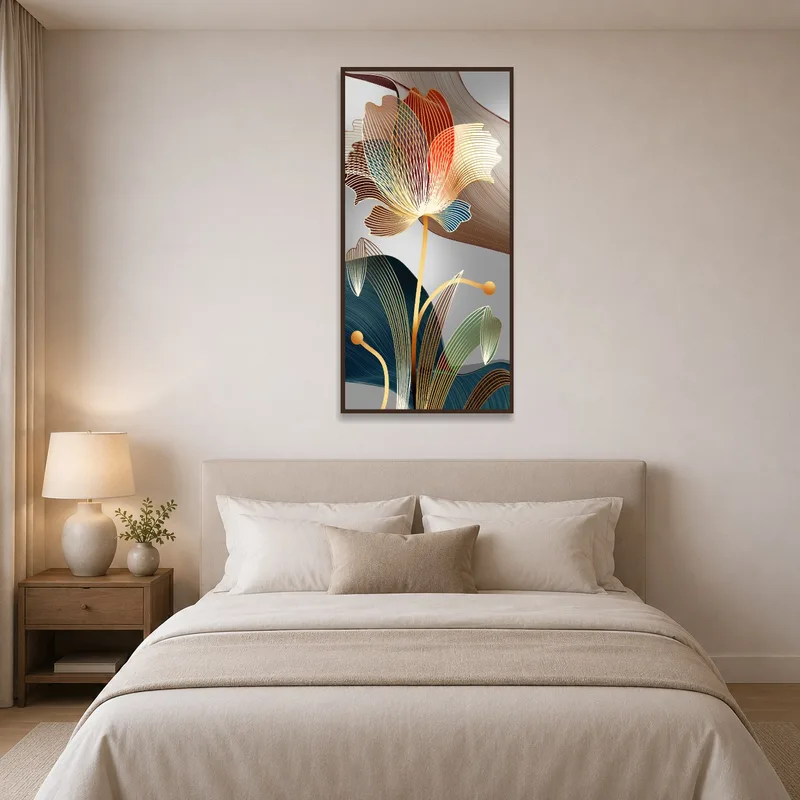 Abstract floral line art print hanging above a stylish bedroom dresser.