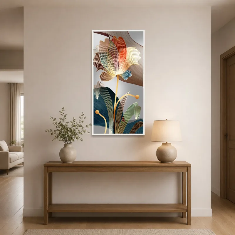 Entrance hall featuring a floral line art print near a stylish console.