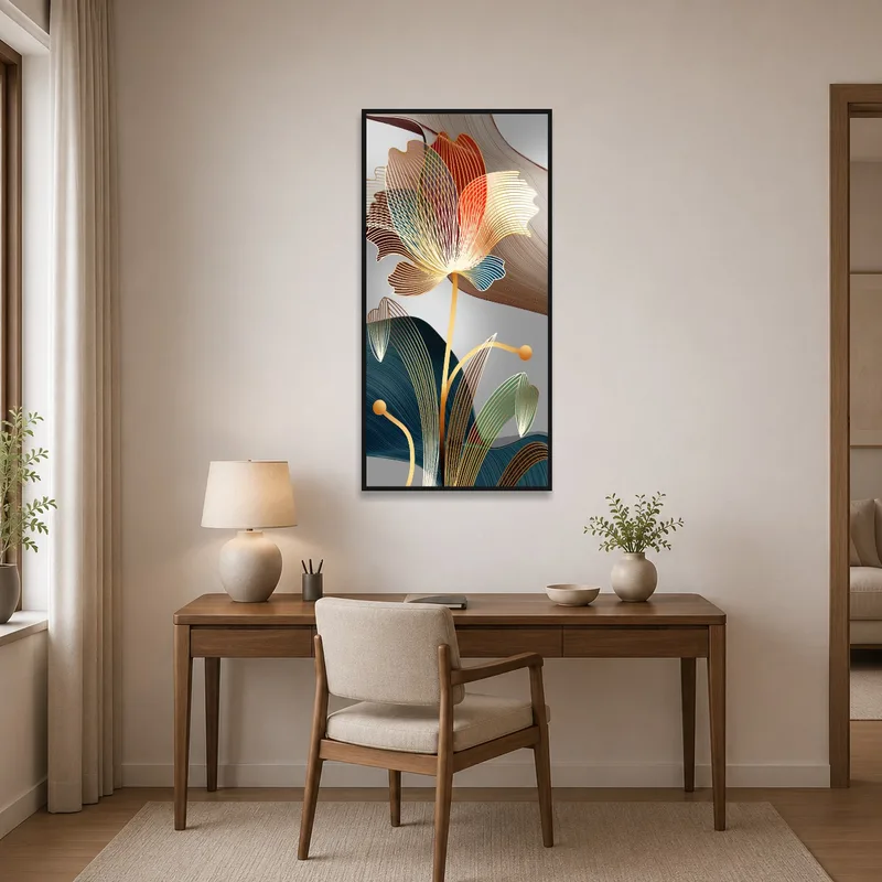 Home office decor featuring elegant floral line art above a work desk.