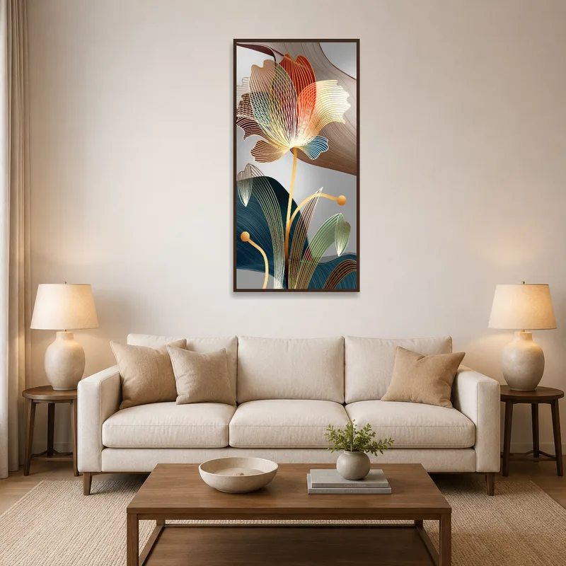Elegant abstract floral line art on the living room wall by a cozy couch.