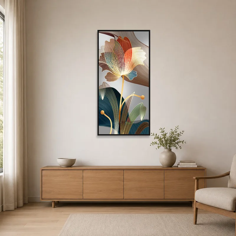 Minimalist room showcasing floral line art on a sleek, neutral wall.