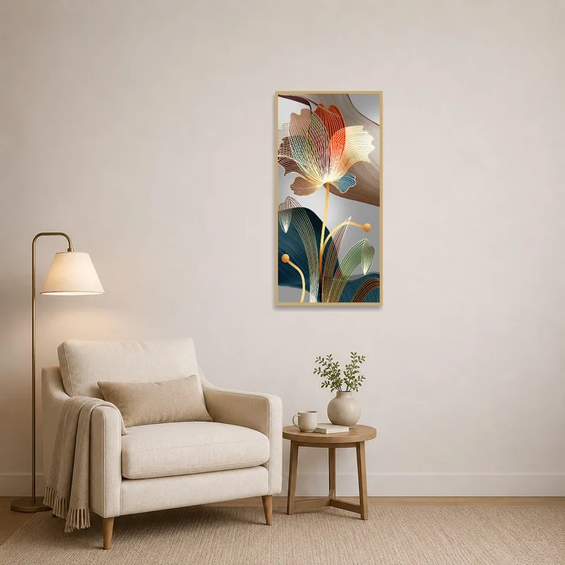 Floral line art enhancing the reading corner with an armchair and lamp.