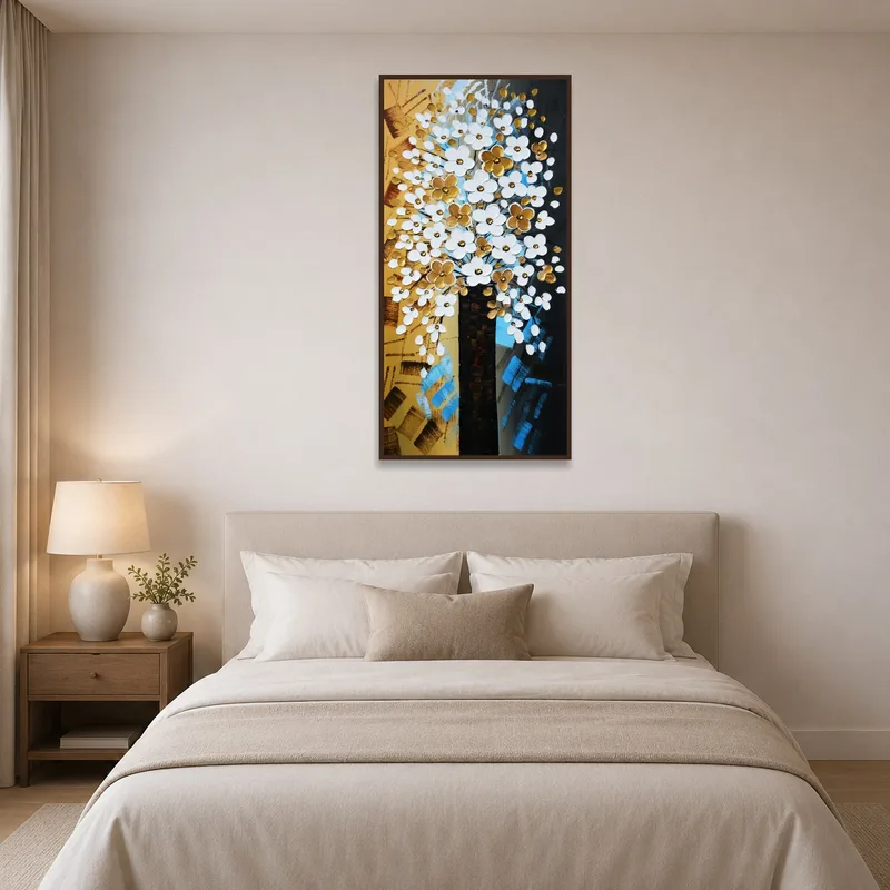Bedroom with elegant abstract floral tree art, introducing a calming and artistic vibe.