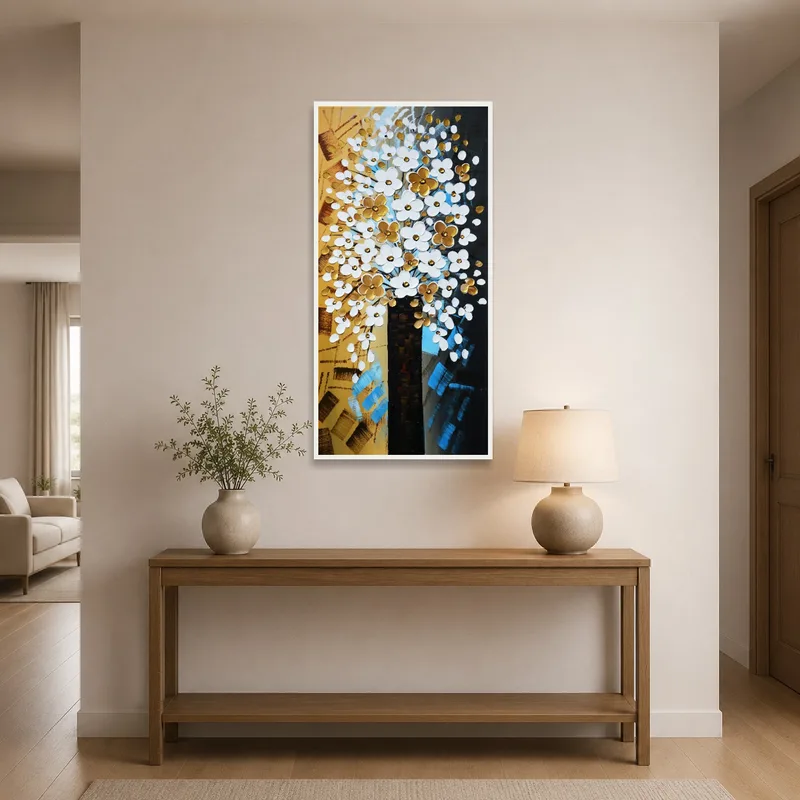 Entrance hall showcasing an eye-catching elegant abstract floral tree for a warm welcome.