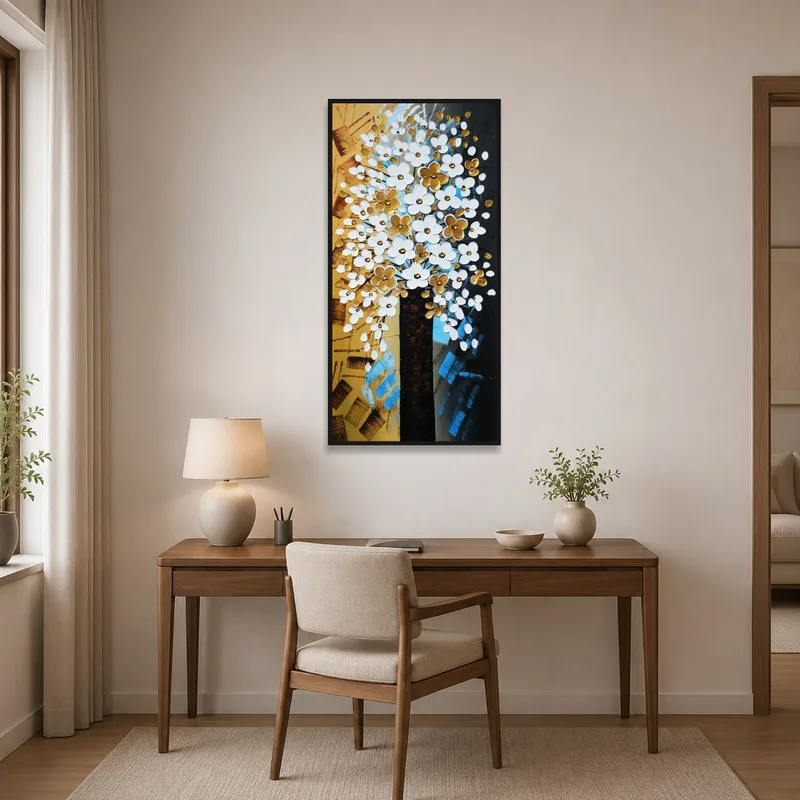 Home office walls adorned with elegant abstract floral tree art for an inspiring workspace.