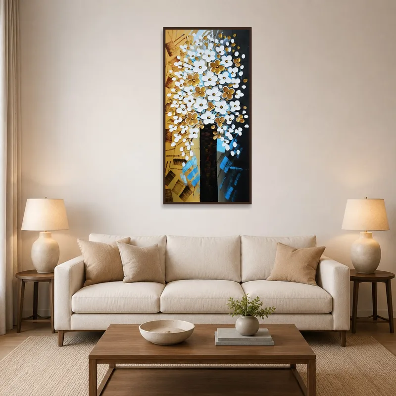 Elegant abstract floral tree artwork in a cozy living room adding a touch of nature to the space.