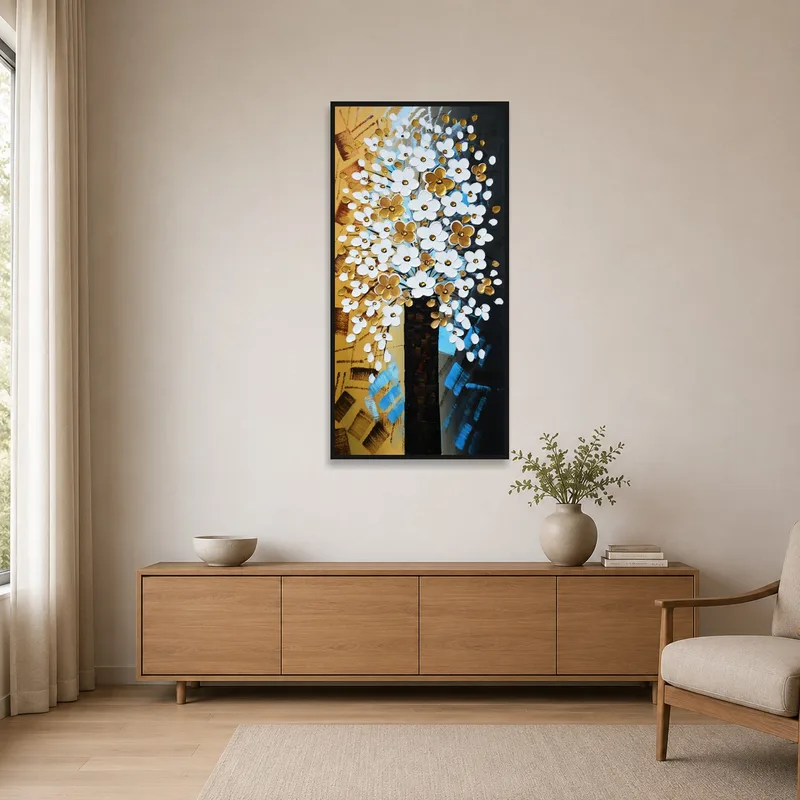 Minimalist room featuring an elegant abstract floral tree piece complementing the simplicity.