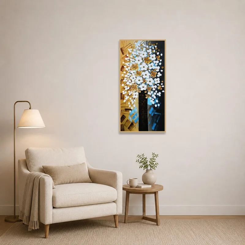 Reading corner adorned with elegant abstract floral tree art, enhancing a serene reading ambiance.