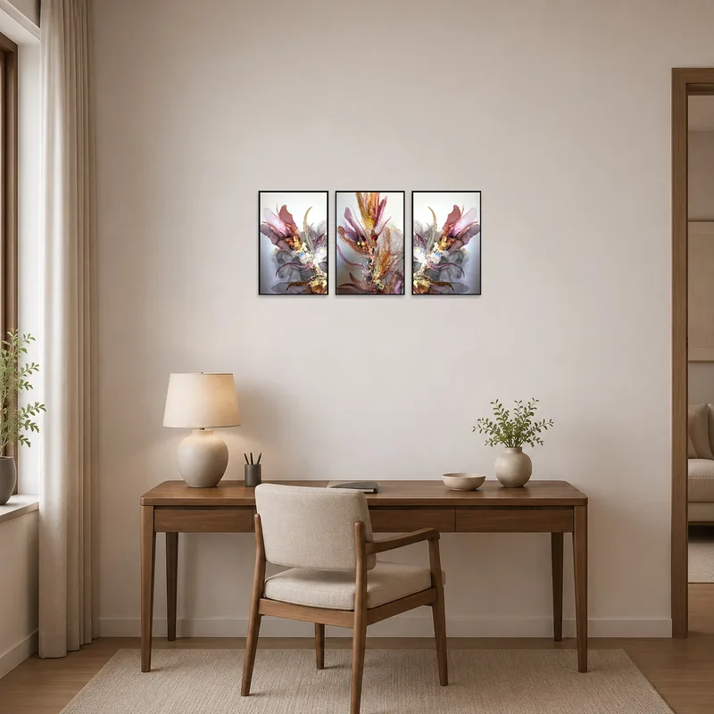 Soft-hued floral triptych enhances the calm atmosphere of a home office space.