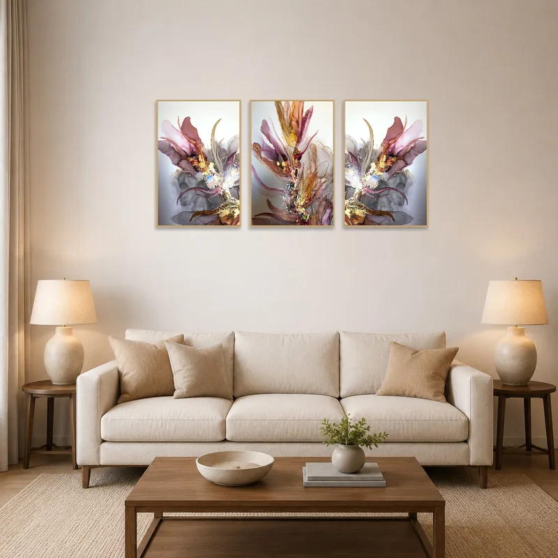 Elegant abstract floral triptych on living room wall above a modern sofa.