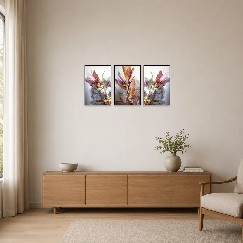 Abstract floral artwork in a minimalist room with stark furnishings.