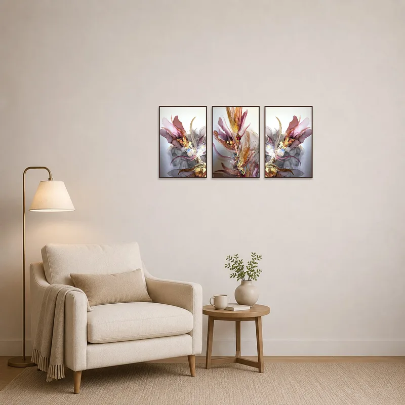 Floral triptych adds sophistication to a cozy reading corner with a chair.