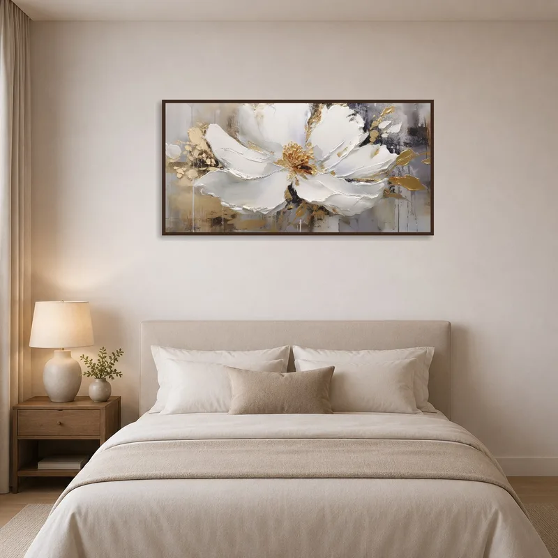 Serene bedroom adorned with abstract floral art with golden accents.