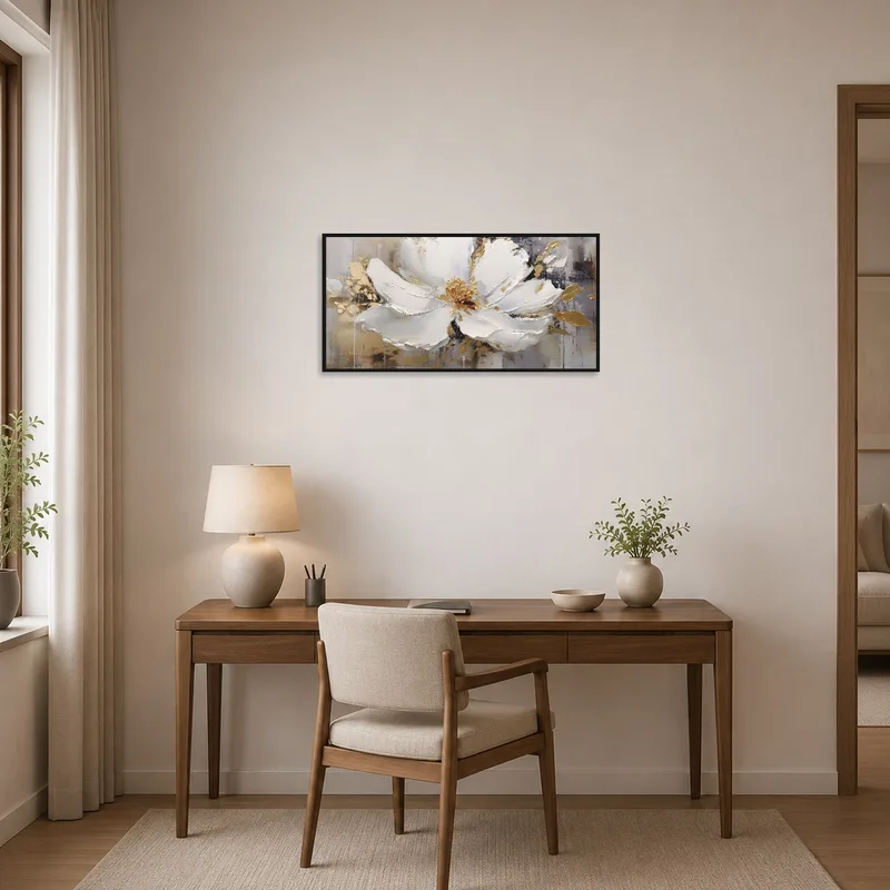 Home office uplifted by abstract floral piece with hints of gold.
