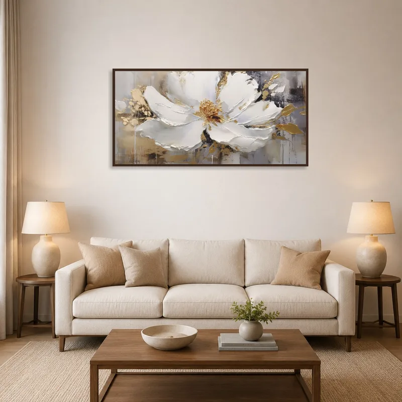 Elegant abstract floral art with gold accents in a cozy living room.