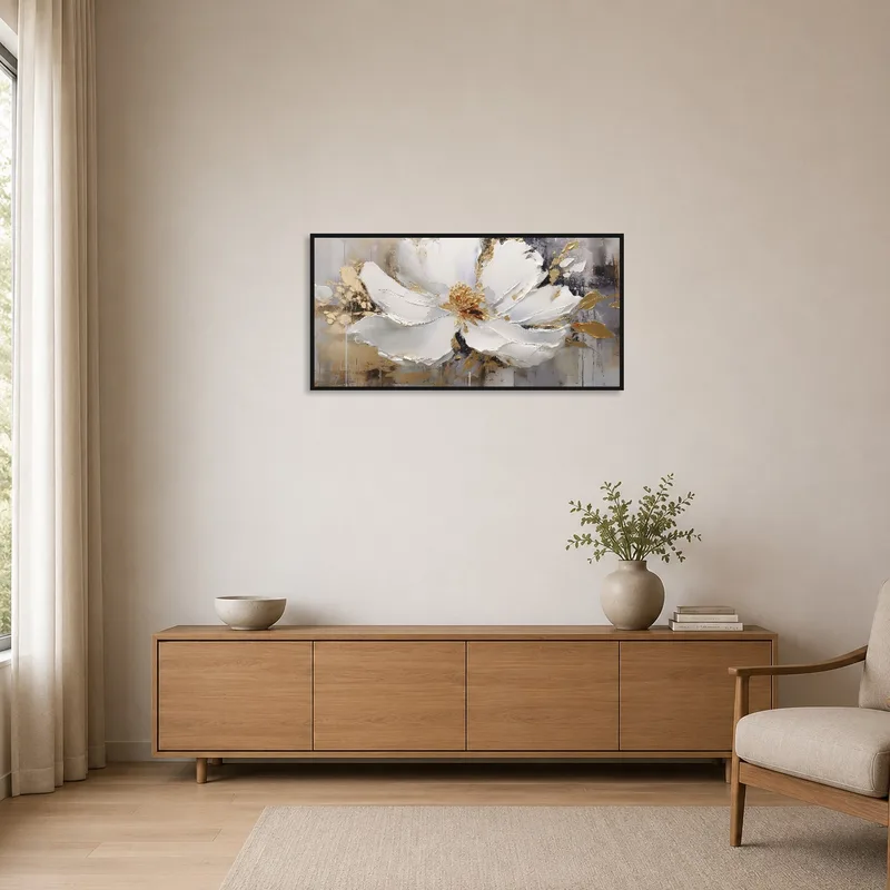 Clean minimalist space showcasing abstract floral art with subtle gold.