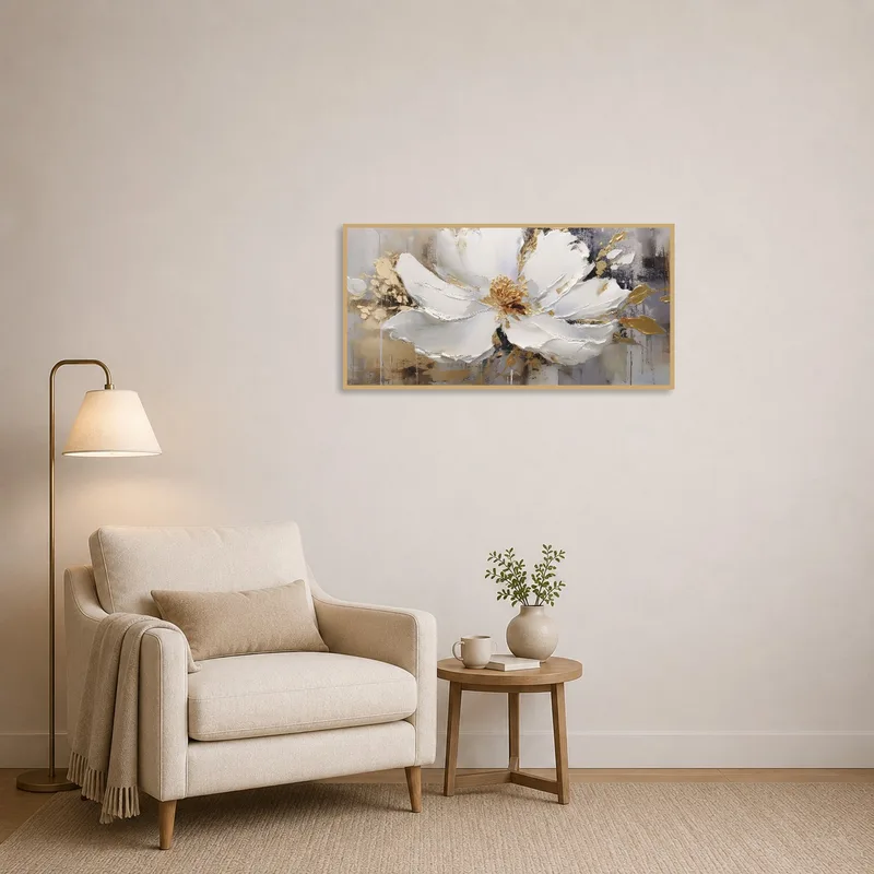 Reading corner enhanced by elegant abstract floral art with gold touches.