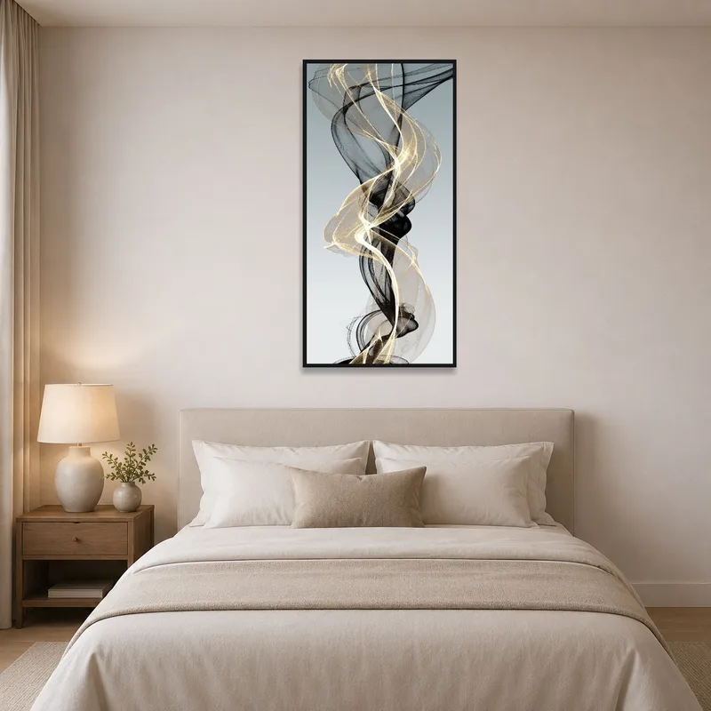 Elegant gold and black abstract piece above the bed in a tranquil bedroom