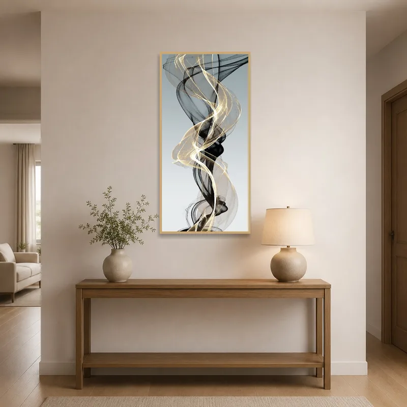Sophisticated gold and black abstract art in an entrance hall with a welcoming vibe