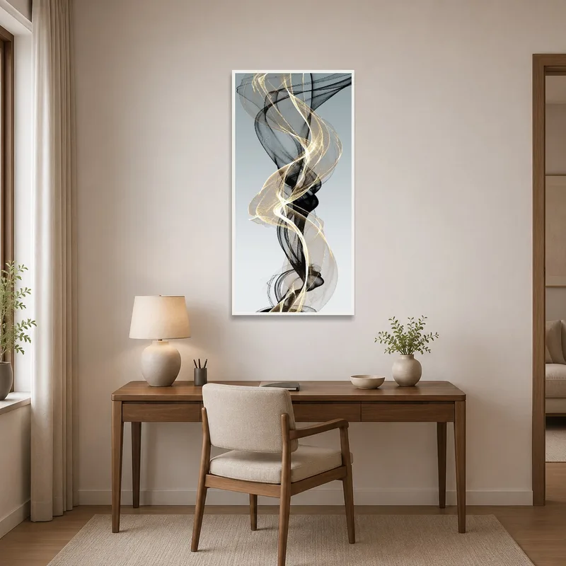 Contemporary gold and black abstract flow art in a focused home office space