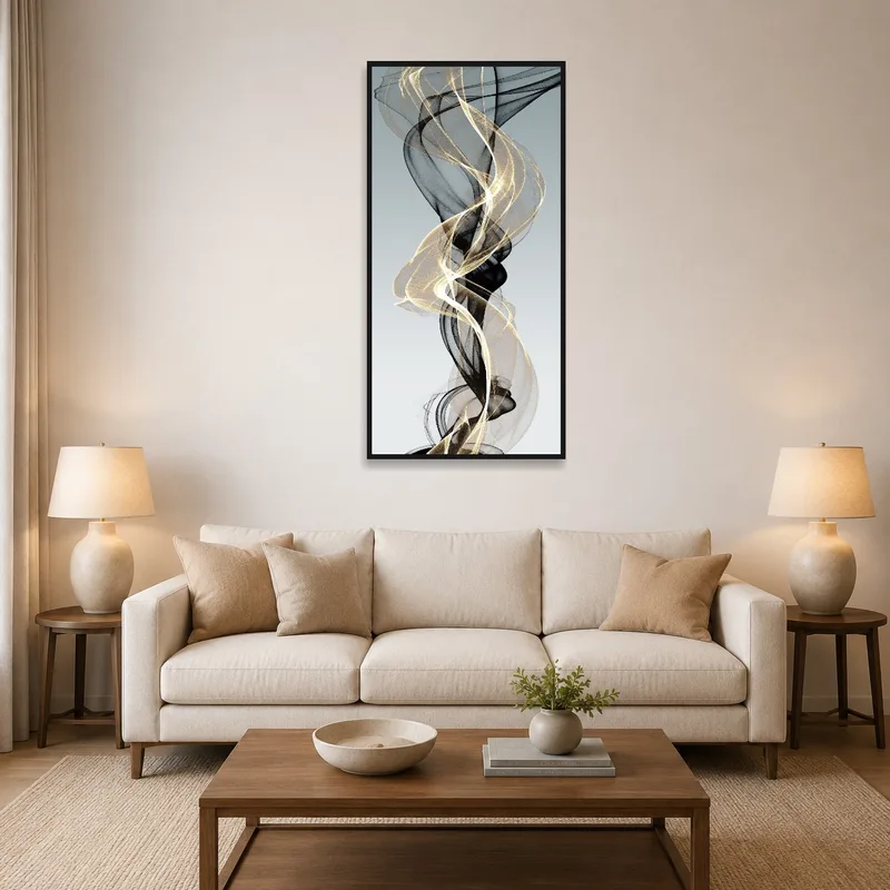 Artwork of gold and black abstract flow on a living room wall with cozy seating