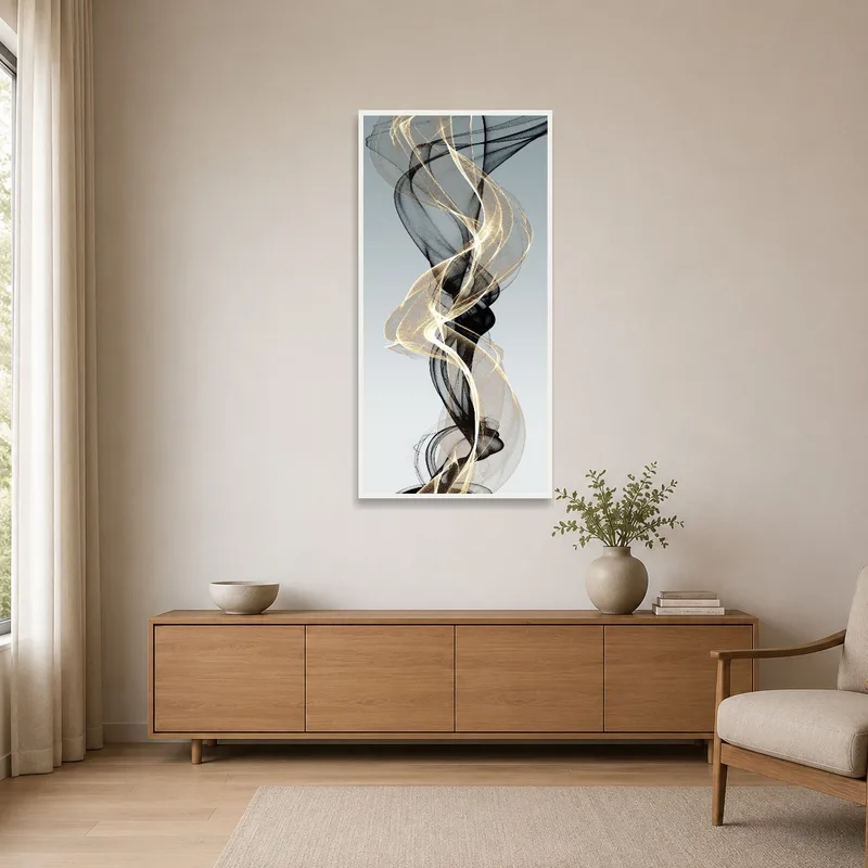 Simple gold and black abstract art in a minimalist room with sparse furnishings