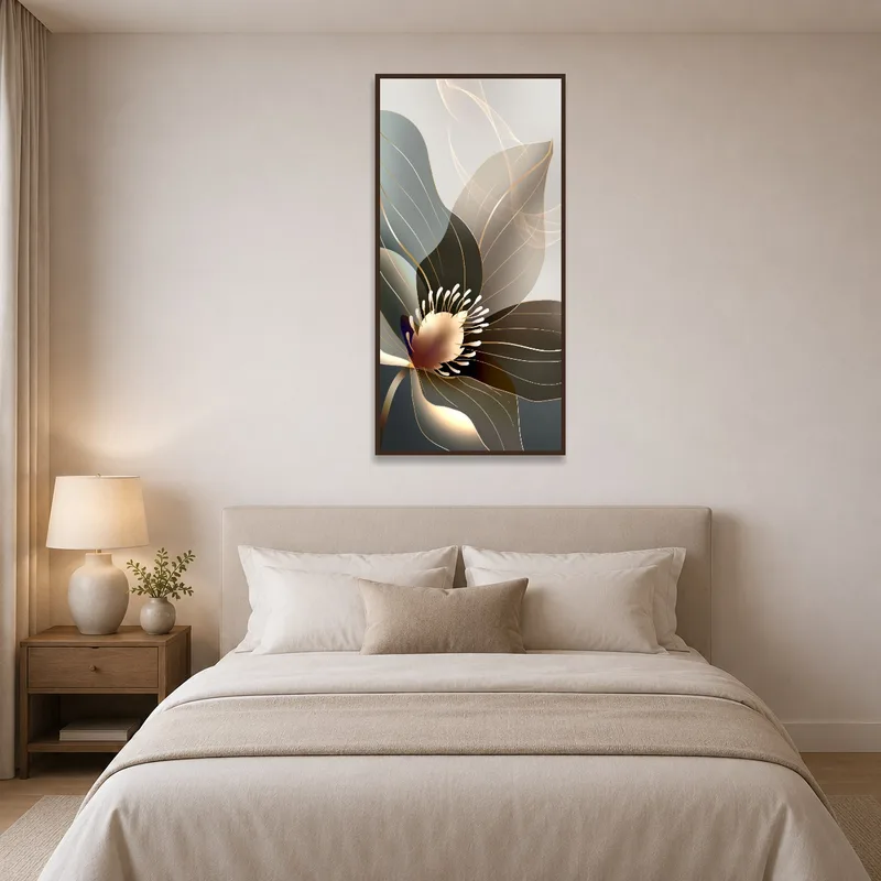 Abstract flower art offers a serene vibe above a headboard.