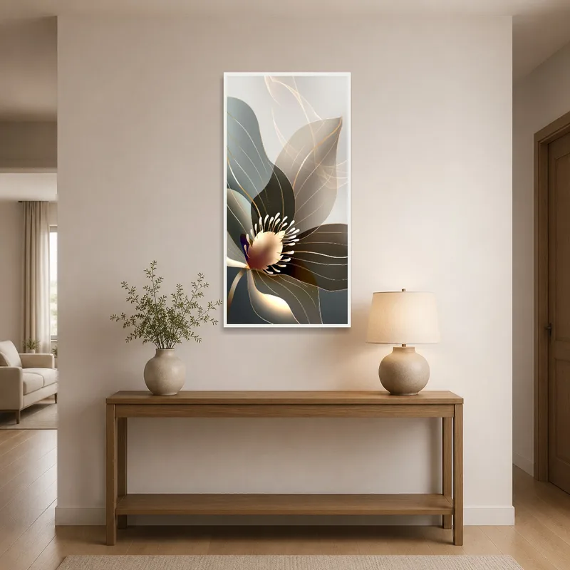 Abstract flower art adds a welcoming touch to the entrance.