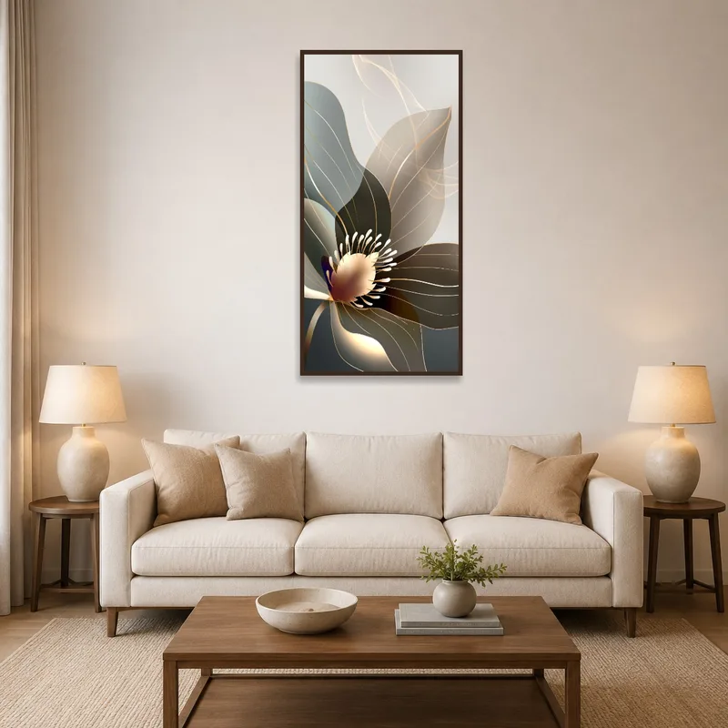 Abstract flower art adds elegance above a modern sofa.