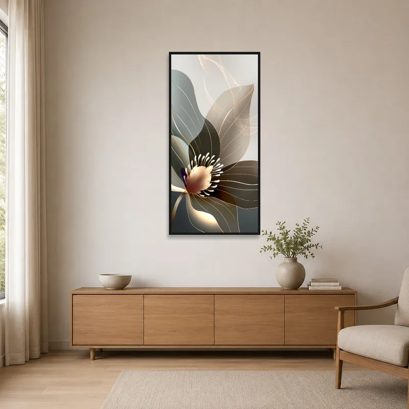 Abstract flower against a minimalist white wall space.