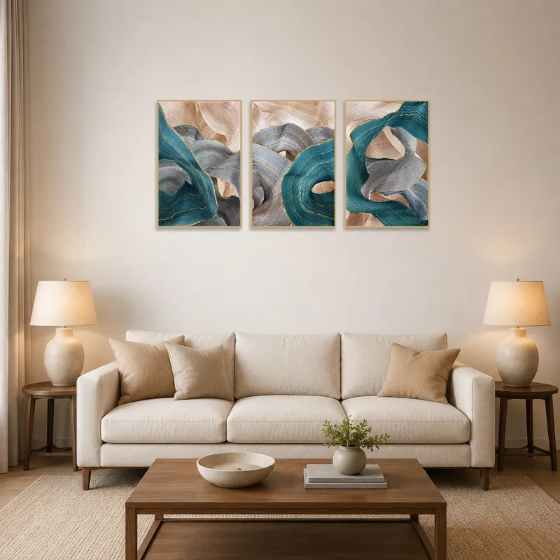 Elegant abstract triptych adorning a stylish living room wall with a modern couch underneath.