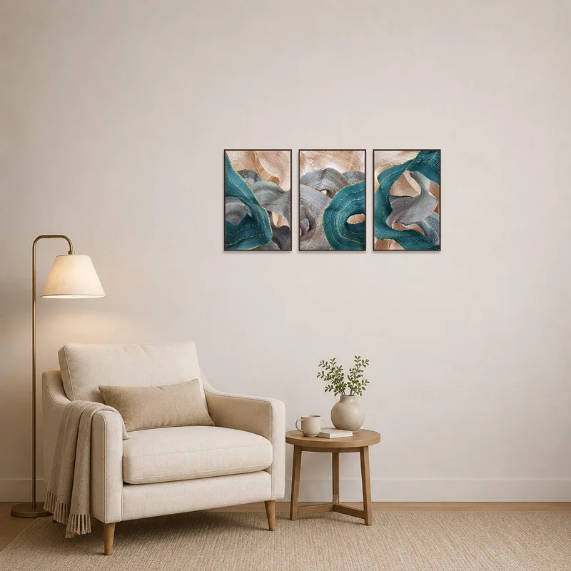 Contemporary abstract triptych adding to the charm of a cozy reading corner.