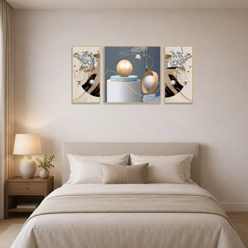 Elegant geometric art set providing tranquility in a restful bedroom.