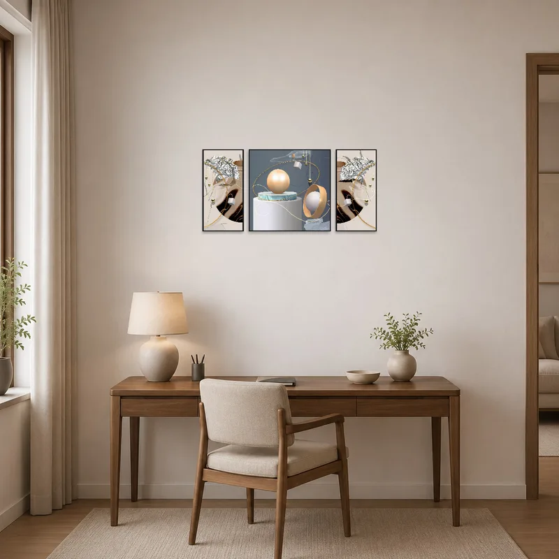 Geometric art set bringing sophistication to a stylish home office.