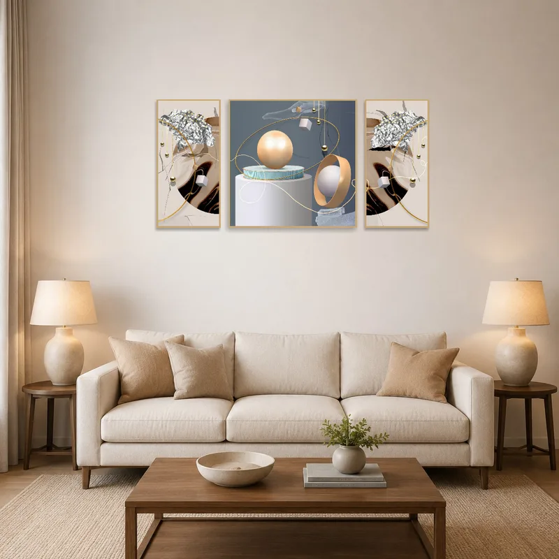 Neutral geometric art set displayed above a sofa in a cozy living room.