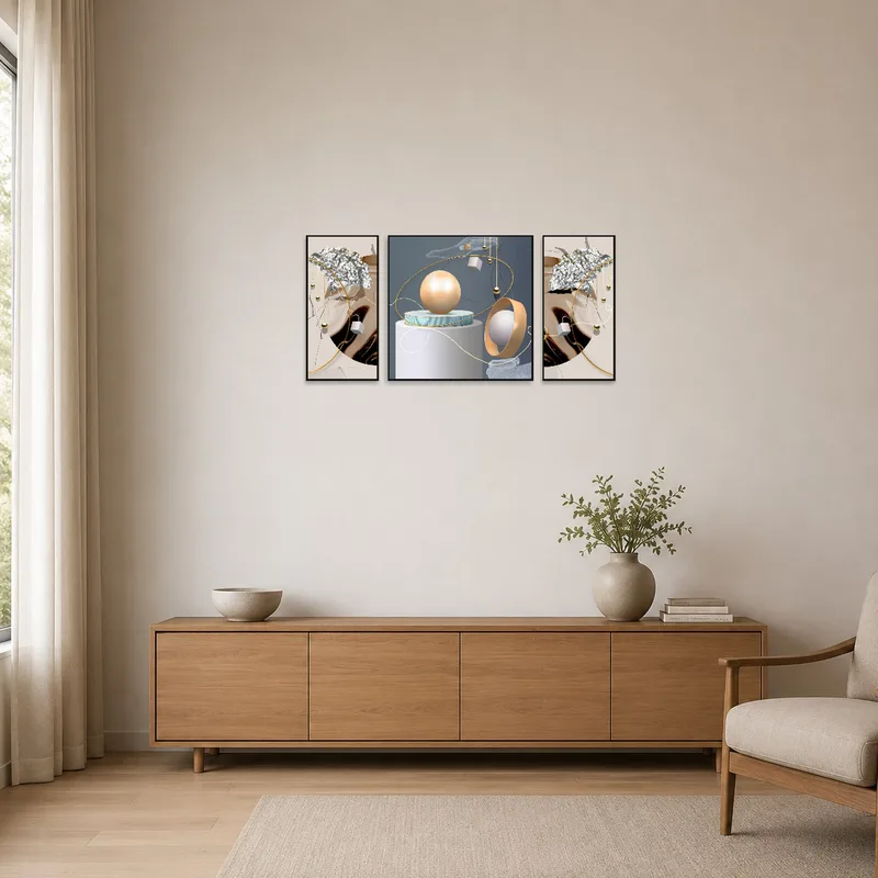 Abstract geometric art set on a white wall in a minimalist space.