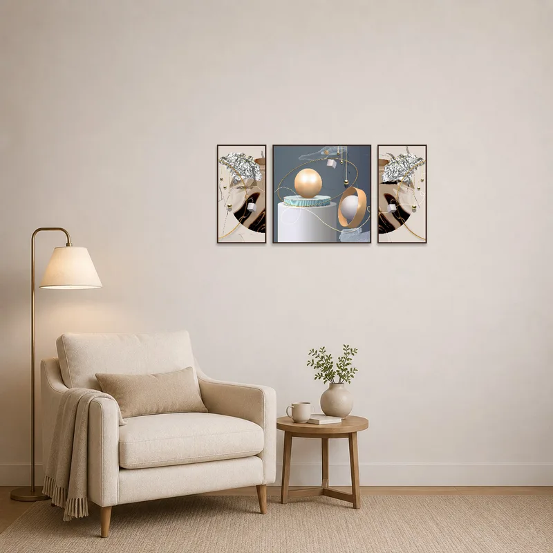 Geometric art set adding interest to a reading corner's serene atmosphere.