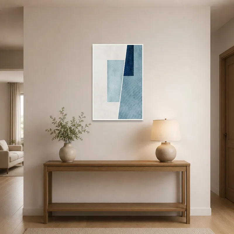 Abstract geometric art adding a sophisticated touch to an entrance hall with sleek decor.