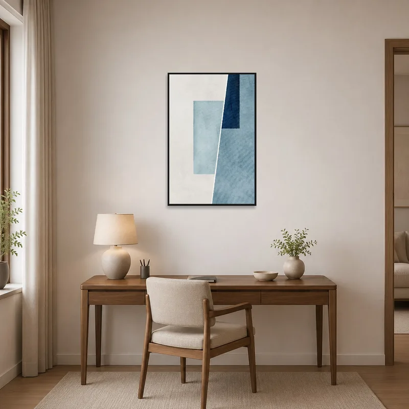 Abstract geometric art energizing a contemporary home office space with its chic design.