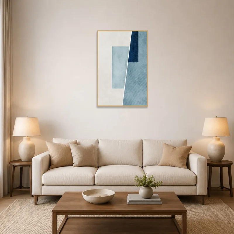 Abstract geometric blue artwork on the wall of a stylish living room with modern furnishings.