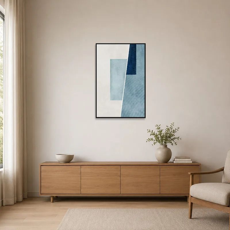 Blue geometric abstract piece highlighting the simplicity of a minimalist room with clean lines.