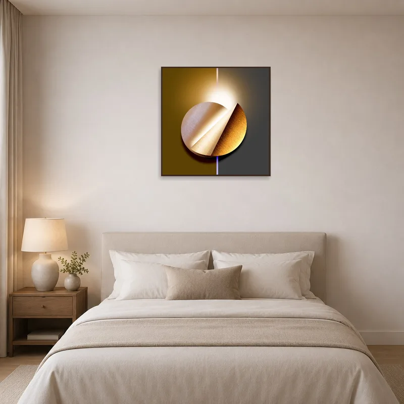 Bedroom with an abstract geometric circle design wall hanging.