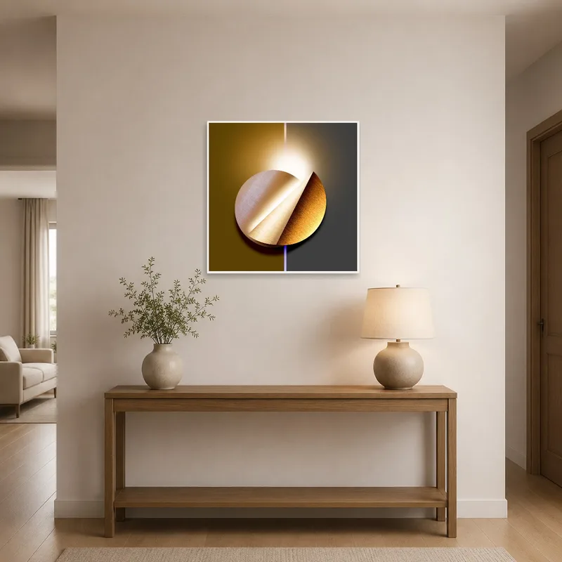 Entrance hall featuring a geometric circle design artwork.