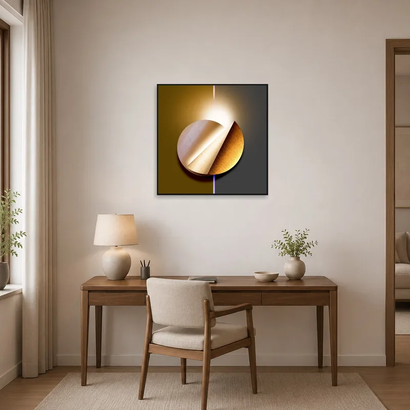Home office complemented by a geometric circle design artwork.