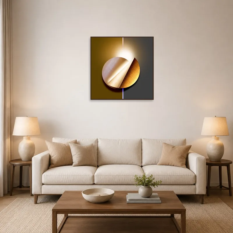 Elegant abstract geometric circle art in a stylish living room setting.