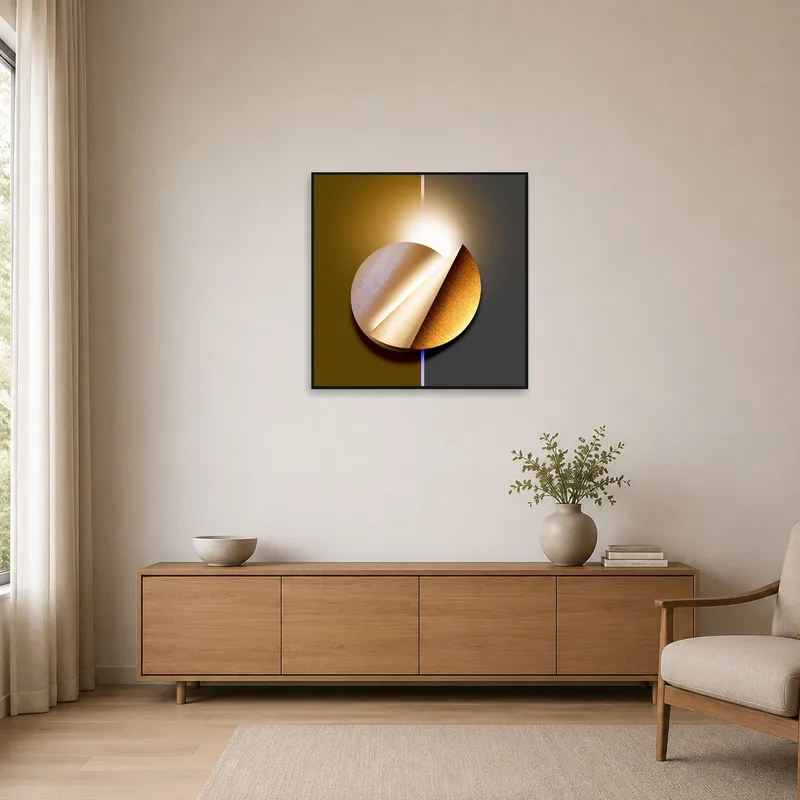 Minimalist room showcasing an abstract geometric circle design.